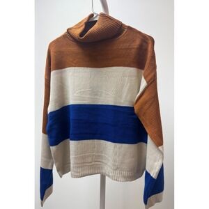 Striped Turtleneck Sweater Brown Cream Blue Long Sleeve Cozy Casual